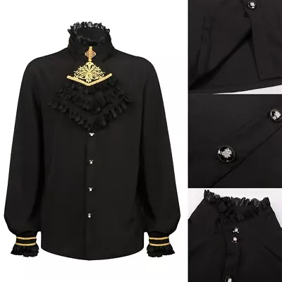 Fashion Forward Mens Ruffle Stand Collar Renaissance Shirts Tops Black • £21.14