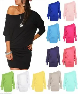 New Ladies Slash Neck Batwing Sleeve Baggy OffShoulder Bardot Summer T-Shirt Top • £11.99