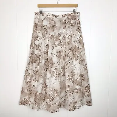 J Jill Womens Linen Midi Skirt Size 10 Floral White Tan Pleated Top Zip Up Lined • $23.99