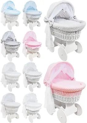 £159.99 • Buy White Wicker Wheels Hood Crib/baby Moses Basket + Complete Bedding