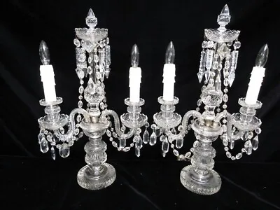 $665 • Buy Antique Monumental Pair 20  Cut Crystal Candelabra Girandole Four Light 40 Drops