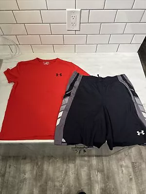 Under Armour Youth Medium Black/red Athletic Shorts & Tshirt Outfit • $14.55