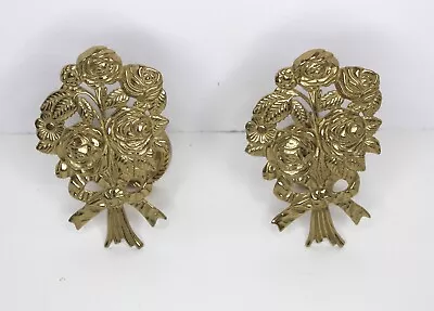 Vintage Pair Brass Rose Curtain Tiebacks Wall Hooks Robe Towel Flower Floral Set • $54