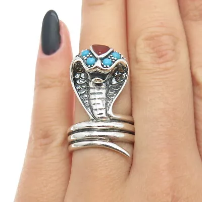 925 Sterling Silver Vintage Real Carnelian & Turquoise Cobra Snake Ring Size 7 • $89.95