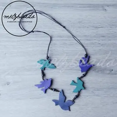 Turquoise Blue Grey Bird Sparrow Wooden Necklace Fashion Ladies Gift For Her • $27.95