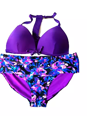 Simply Yours/M&Co Purple Mix Padded Halterneck Racerback Bikini Brief Set UK 18 • £24.99