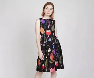 Ethical New Medium 38 La Casita De Wendy Floral Surrealistic Dress Black Viscose • $200