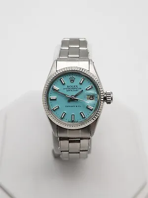 Vintage ROLEX DATEJUST BLUE Tiffany & Co SS 18k White Gold Ladies Watch SERVICED • $1009