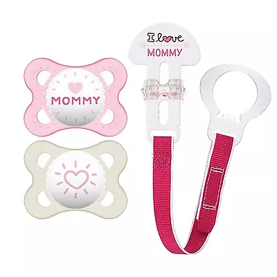 MAM 0-6m Girls I Love Mommy Value Set 2 Silicone Pacifiers & Clip Set • $8.45