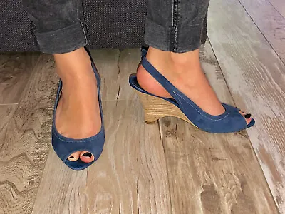 Wedge Sandals Suede Blue Geox Respira Size 36 Mint • £53.14