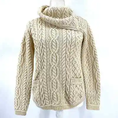 Aran Mor Vintage Cream Cable Knit Sweater With Tall Folding Button Collar (S) • $75
