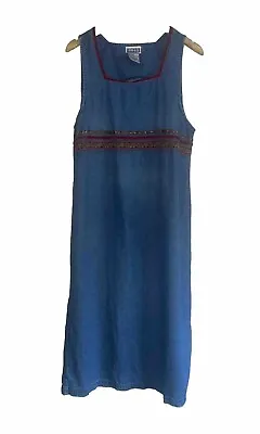 VTG Erika & Co Womens Large Maxi Blue Denim Jumper Dress Embroidery  Cottagecore • $15.99