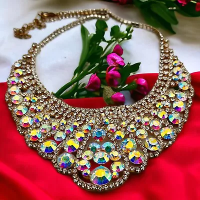 Vintage Aurora Borealis Gorgeous Bib Collar Necklace 16  With Extension  • $35