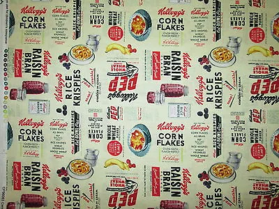 Vintage Kelloggs Cereals Corn Flakes Raisin Bran Rice Krispies Cotton Fabric FQ  • $4.25