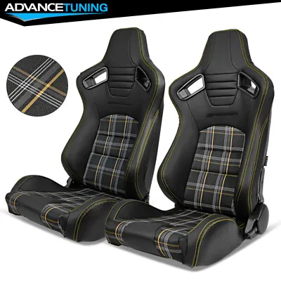 Universal Pair Of Reclinable Black Racing Seats + Dual Slider Yellow Stitching • $348.99