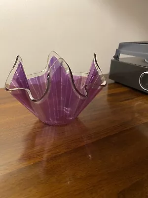 Vintage Chance Glass 1960’s Cordon Handkerchief  Lilac Purple Striped Posy Bowl • £14.50