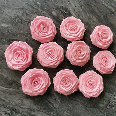 10x Satin Ribbon Roses Buds Large Flower Baby Pink Sewing Wedding Appliqu 40 Mm  • £4.99