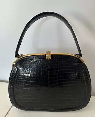 Vintage Lucille De Paris 1950s Black Alligator Top Handle Handbag Purse Vintage • $230