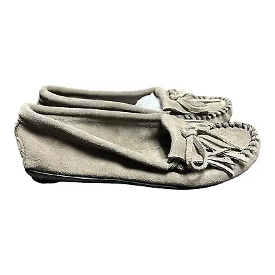 Minnetonka Women Kilty 401T Gray Suede Bow Slip On Moccasin Flats Shoes Size 6 • $18.99