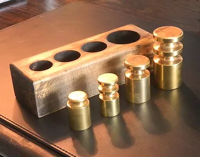 Vintage Brass Apothecary-style Weights In Oak Block • $69