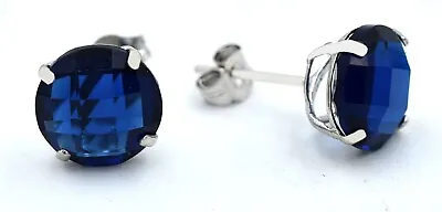 BLUE SAPPHIRES CHECKERBOARD  4.90 Cts  STUD EARRINGS 14k White Gold -MADE IN USA • $136.84