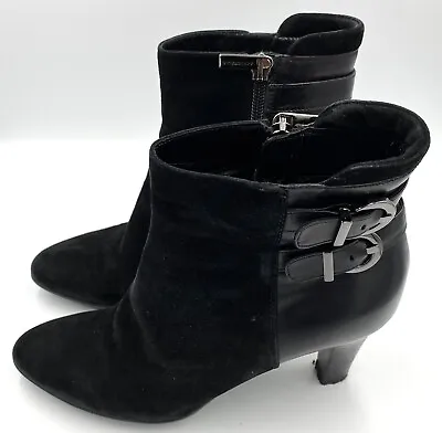 Aquatalia Women's Vera Gomma Black Suede & Leather Ankle Buckle Heeled Boot 7.5 • $44.99