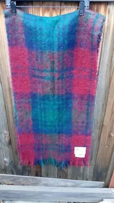 Vintage HUGE/LONG Glentana Mohair 19x78 Scarf/Wrap Scotland Burgandy/Blue Plaid • $35