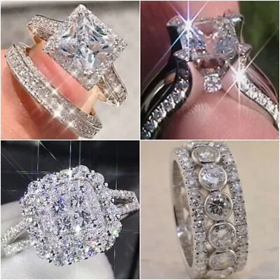 $3.98 • Buy 925 Silver Women Cubic Zirconia Ring Wedding Engagement Jewelry Rings Size 6-10