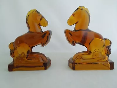 Vintage Mid Century  LE Smith Heavy Amber Glass Rearing Horse Bookends MINT • $34.95