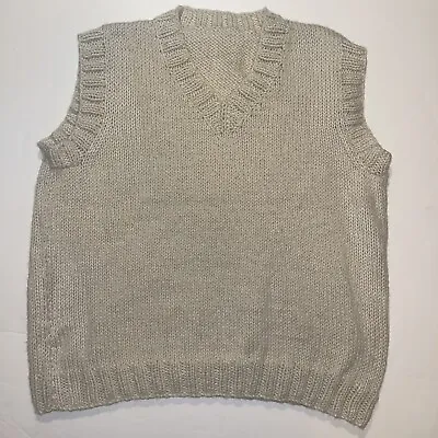 Vintage Handmade Hand Knit Beige Ivory Wool? Sweater Vest V Neck Mens Large L • $39.95