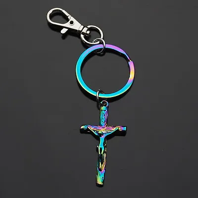 $6.89 • Buy Jesus Rugged Cross Rainbow Neon Keychain Pendant Key Ring Clip