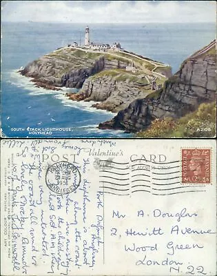 Holyhead South Stack Lighthouse A2108 Art Colour Valentines GB 1950 Cancel • £4.10