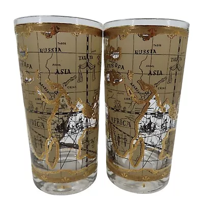 VTG Cera Set Of 2 Old World Map Atlas Gold High Ball Cocktail Drinking Glasses • $32