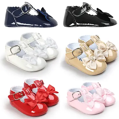 Newborn Infant Baby Girl Spanish Style Patent Pram Shoes Mary Jane Bowknot Shoes • £4.99