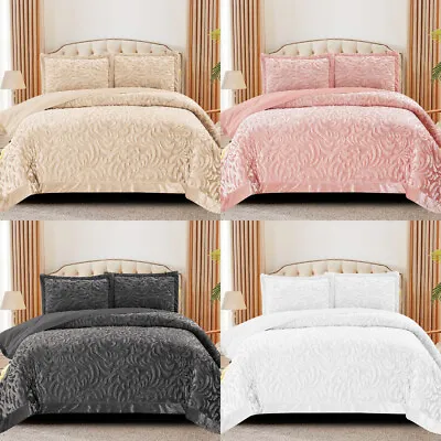 3 PCS Velvet Quilted Bedspread Throw & Pillow Shams Double King Size Bedding Set • £34.99