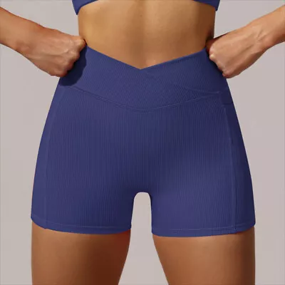 Women's Ribbed Biker Shorts With Pockets Tummy Control Workout Spandex Shorts • $17.99