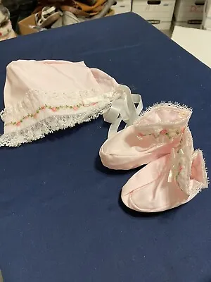 Vintage Baby Pink Bonnet And Booties 3 Months New.  F 1 • $9.99