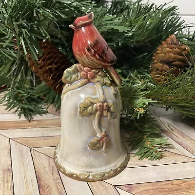 Glazed Ceramic Pottery Bell With Red Cardinal On Top Of Holly 5.25  X 3  • $12.99