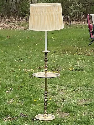 Vintage Mid Century Brass Floor Lamp With Table Tray & Pleated Shade  • $250