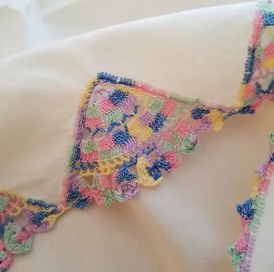 Vtg Pair CROCHET Edge Handmade Pillowcase Multi Color FAN DESIGN On White Cotton • $22