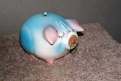 Corky Pig - Piggy Bank 1957 Pink Pig Blue Ears W/Cork Nose H P Co Made USA • $70