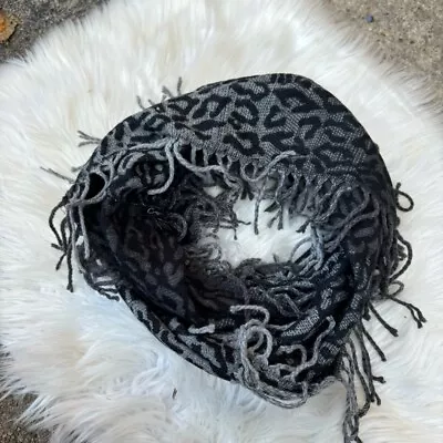 Cejon Black And Gray Cheetah Print Fringe Infinity Knitted Scarf • $13