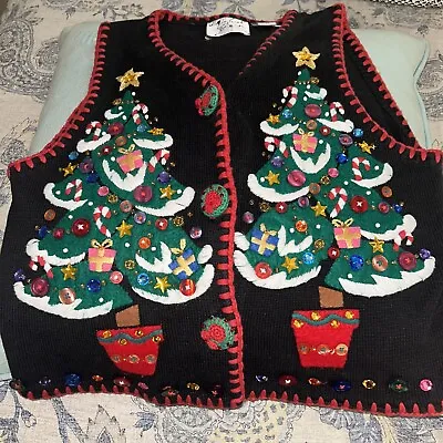 Michael Simon Holiday Sweater Vest Top 1996 Christmas Trees Button Bead Sz L T9 • $47.99