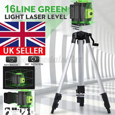 16 Line Laser Level Green Self Leveling 4D 360° Cross Measure Tool Kit & Tripod • £18.99