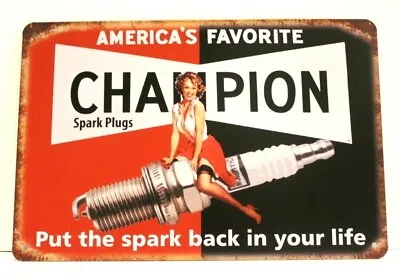 Champion Spark Plugs Pinup Girl Tin Sign Metal Vintage Style Man Cave Garage XZ • $10.97