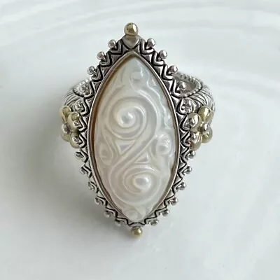 🦋 Barbara Bixby Carved Mother-of-Pearl Marquise Sterling 18K Gold Size 5.75 • $183.99