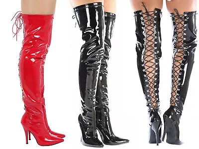 Mens Womens Thigh High Over Knee Lace Up Boots Mens Stiletto High Heel Size 9-12 • £39.99