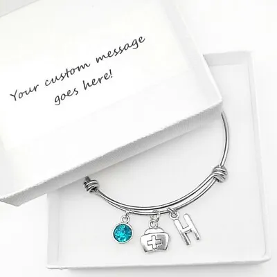 Nurse Hat Medical Charm Bangle Bracelet Gift Personalised Jewellery Boxed • £10.45