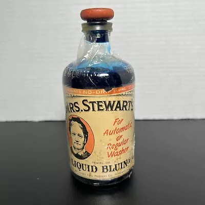 1955 MRS. STEWART'S LIQUID BLUING BOTTLE W/ PAPER LABEL & WOOD CAP STOPPER 10OZ • $19.99