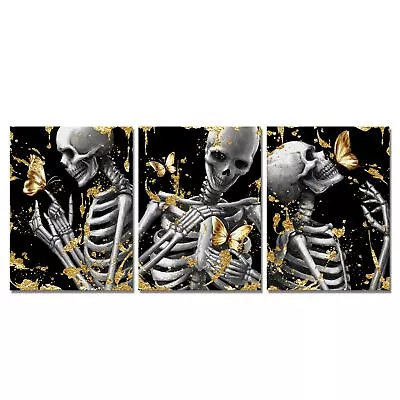 3 Pieces Black And Gold Skeleton Canvas Wall Art Golden Animal Butterfly Pict... • $48.62
